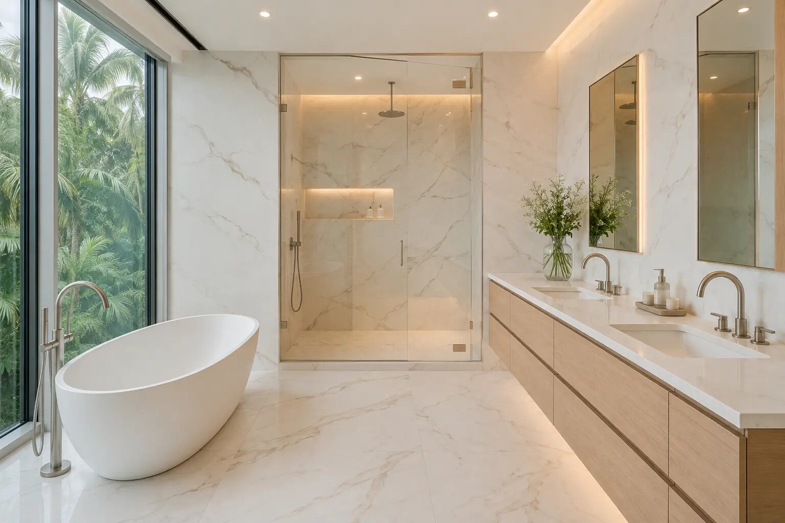 Bright Calacatta-look porcelain primary bathroom with a sculptural tub, pale-oak double vanity, and frameless shower